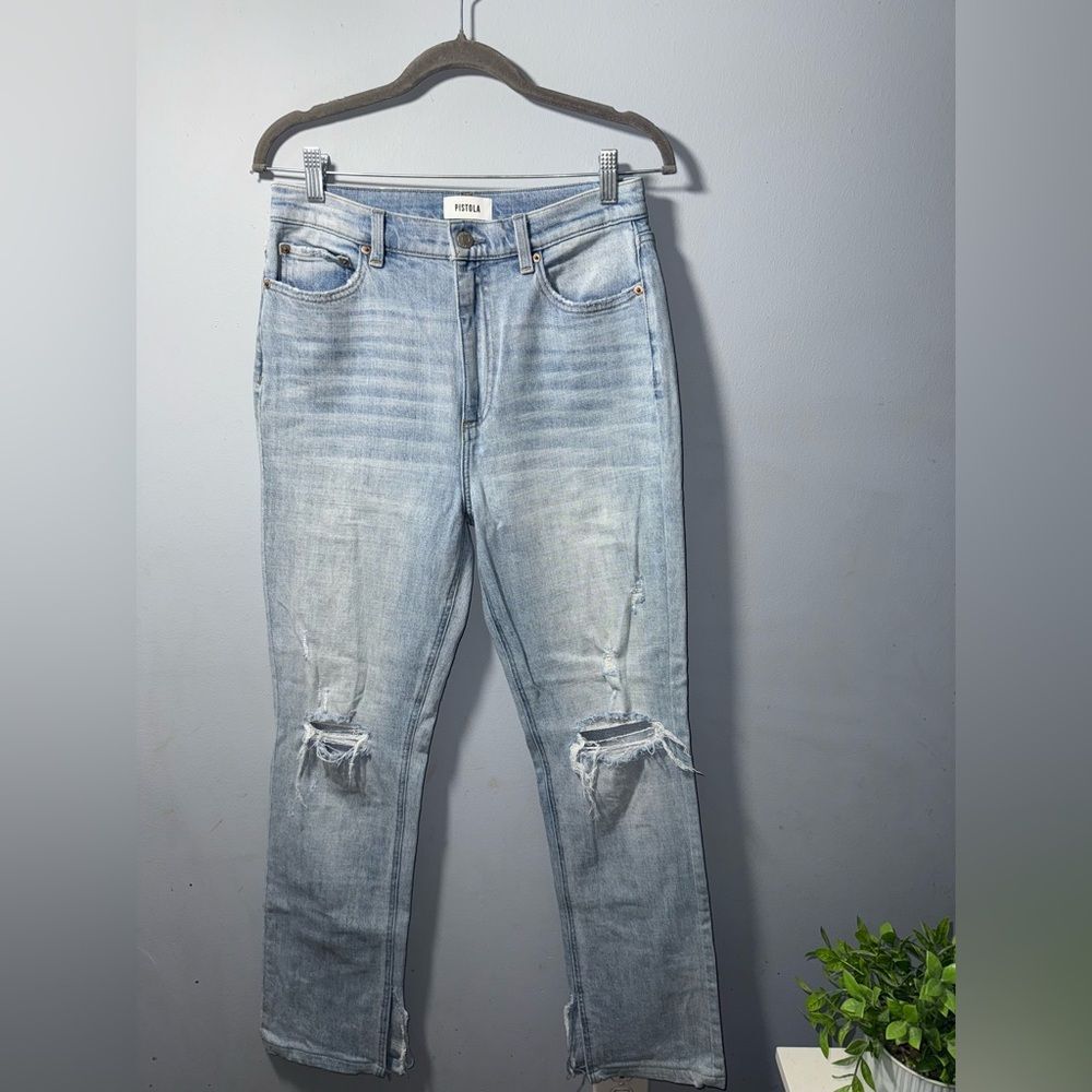 Pistola women’s light blue slit hem distressed High Rise Straight Jeans Size 28